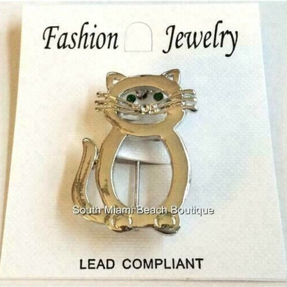 Cat Kitten Pin Brooch Crystal Silver Rhodium Plated Kitty Lady Rescue Vet Gift - Picture 4 of 8
